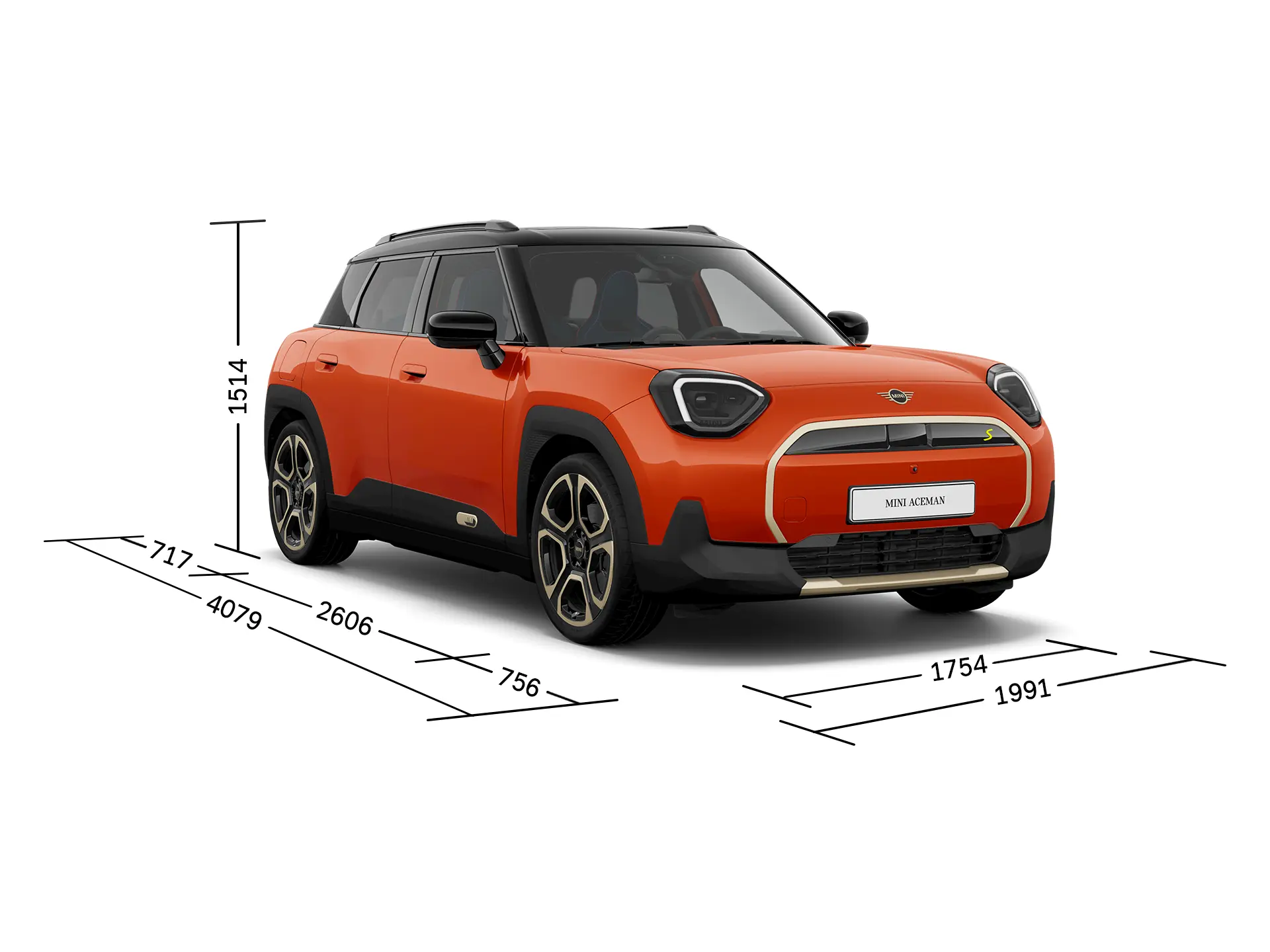Popolnoma električni MINI Aceman – pogled od spredaj z dimenzijami