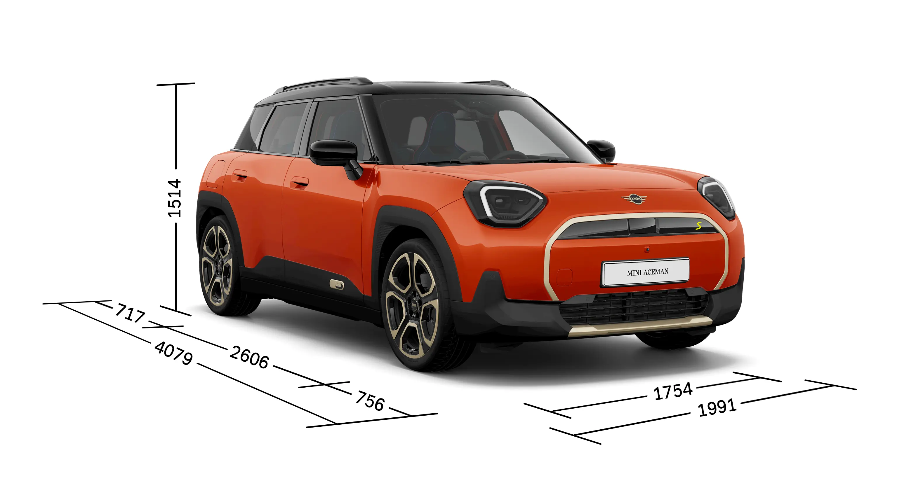 Popolnoma električni MINI Aceman – pogled od spredaj z dimenzijami