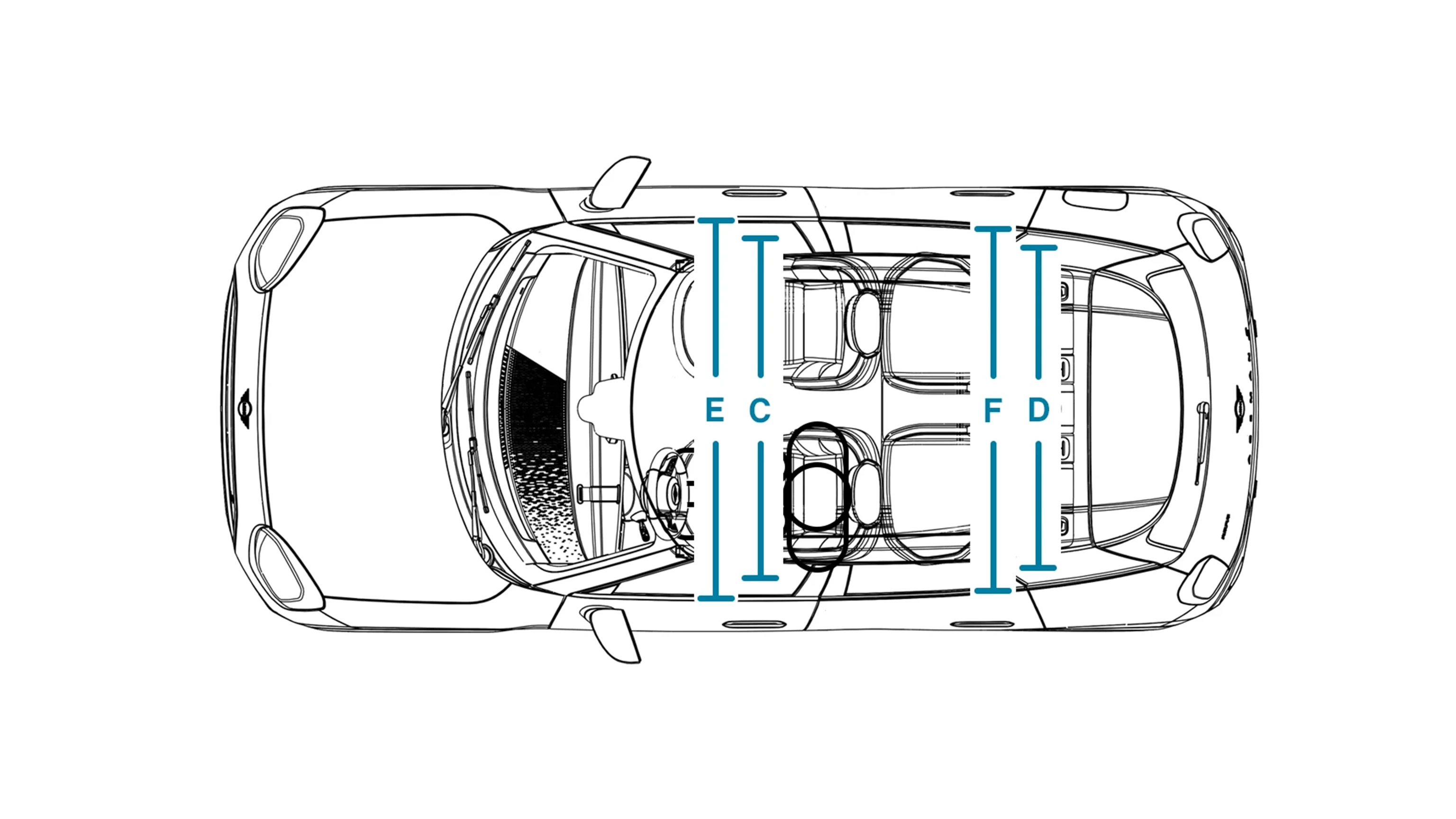 Popolnoma električni MINI Aceman – dimenzije notranjosti – pogled od zgoraj