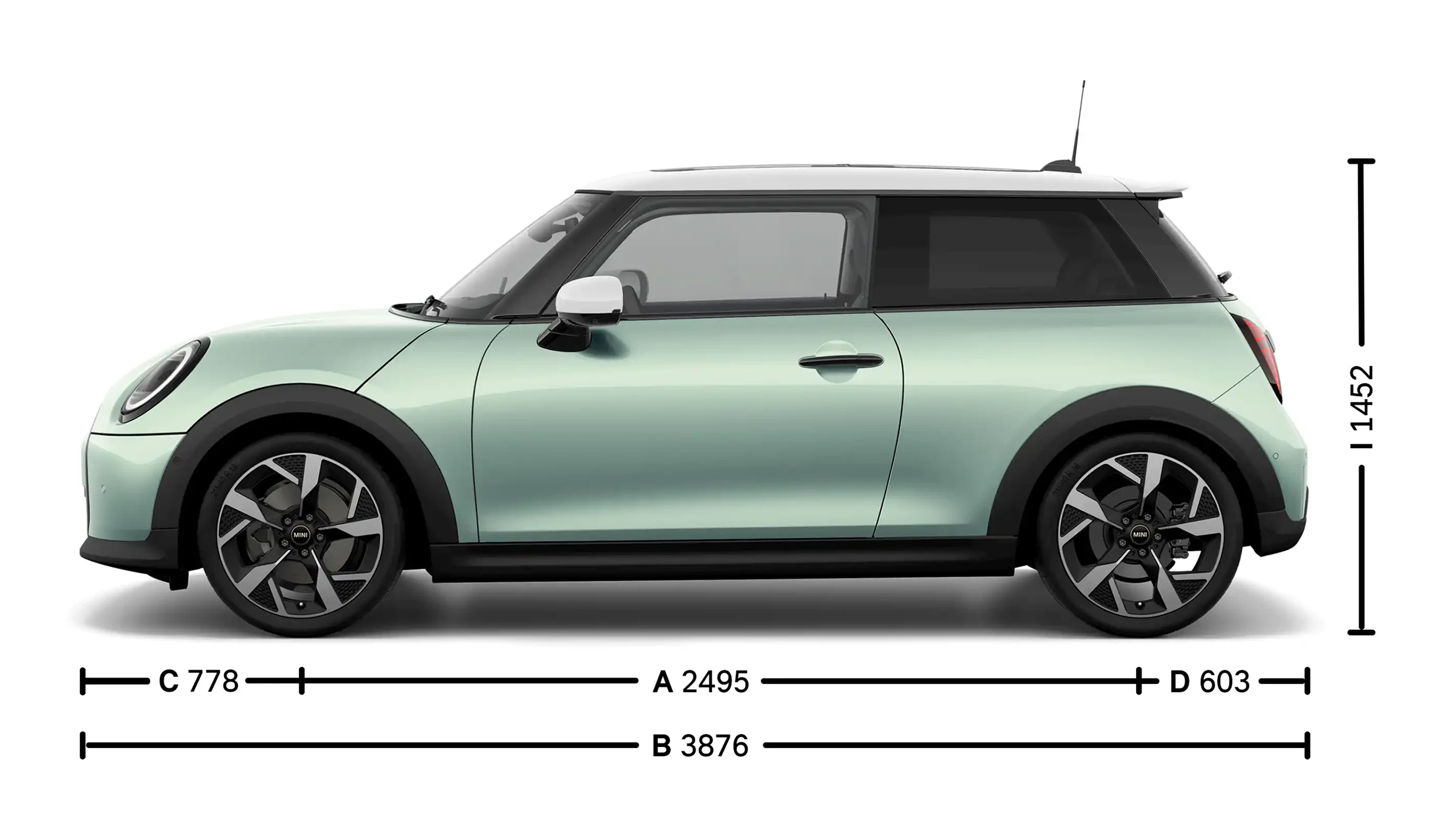 MINI Cooper 3-vratni – dimenzije – pogled s strani