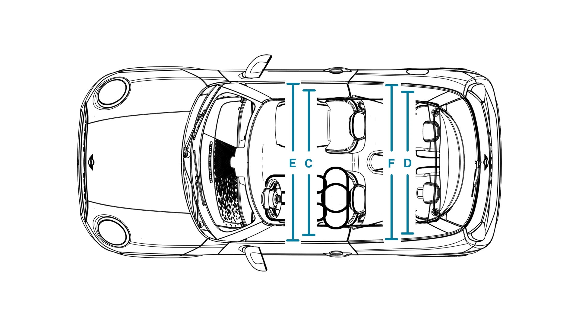 MINI Cooper 3-vratni – dimenzije notranjosti – pogled od zgoraj