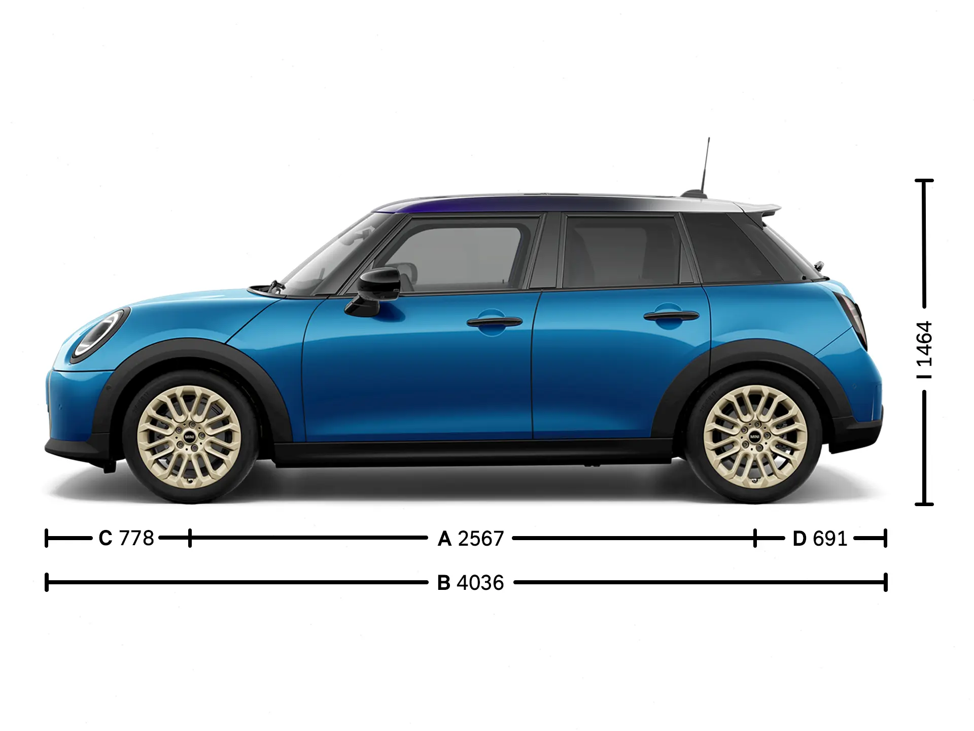 MINI Cooper 5-vratni – dimenzije – pogled s strani