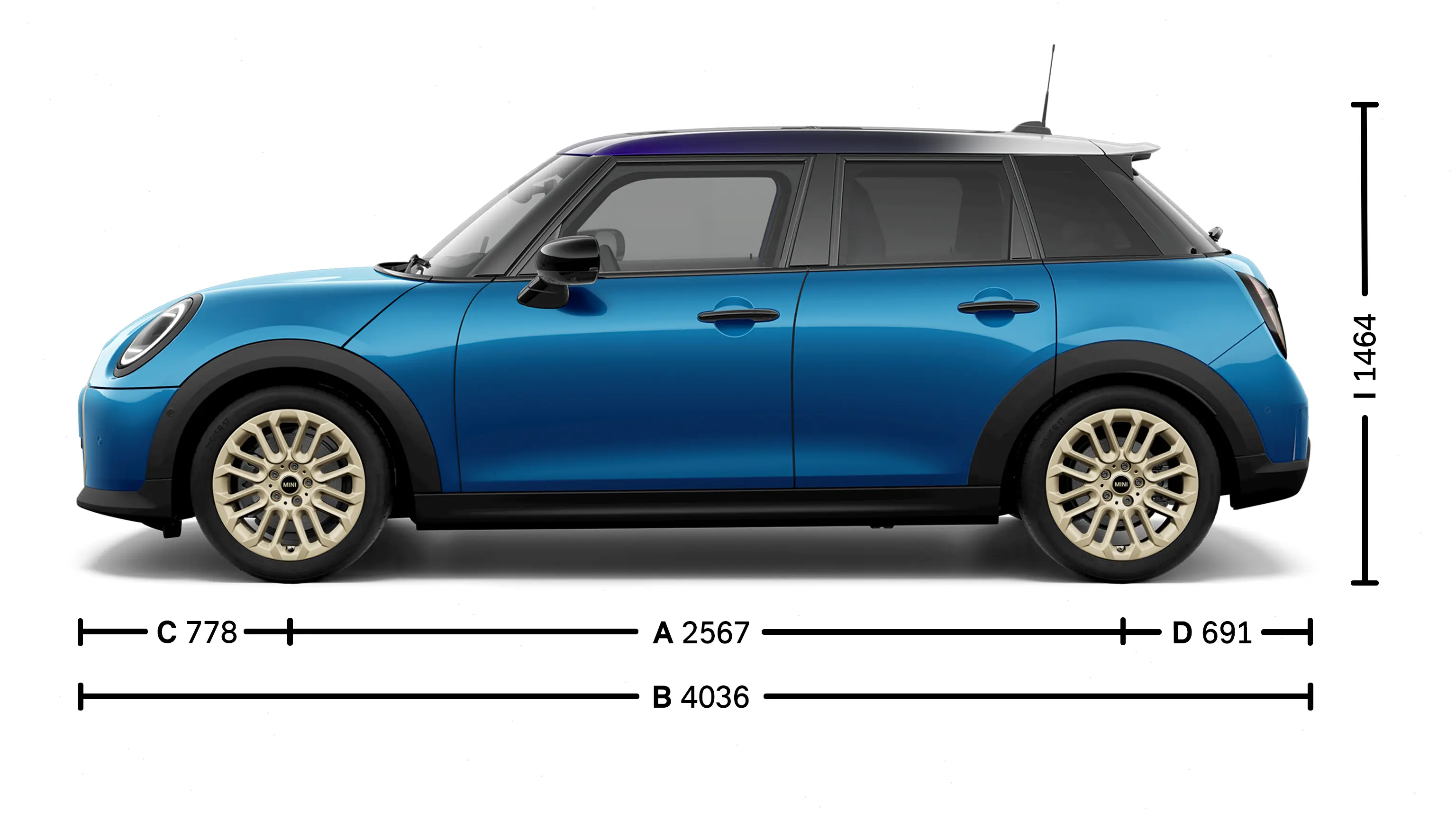 MINI Cooper 5-vratni – dimenzije – pogled s strani