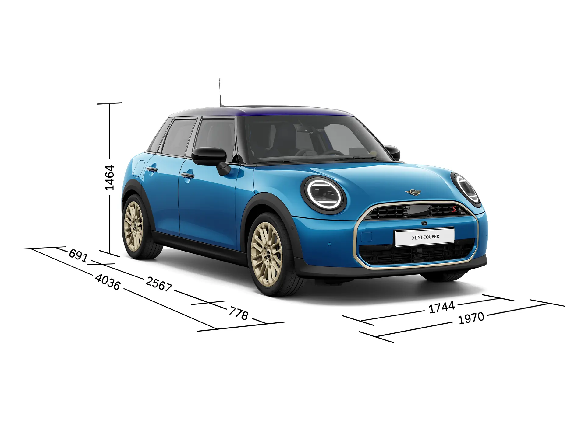MINI Cooper 5-vratni – pogled od spredaj z dimenzijami