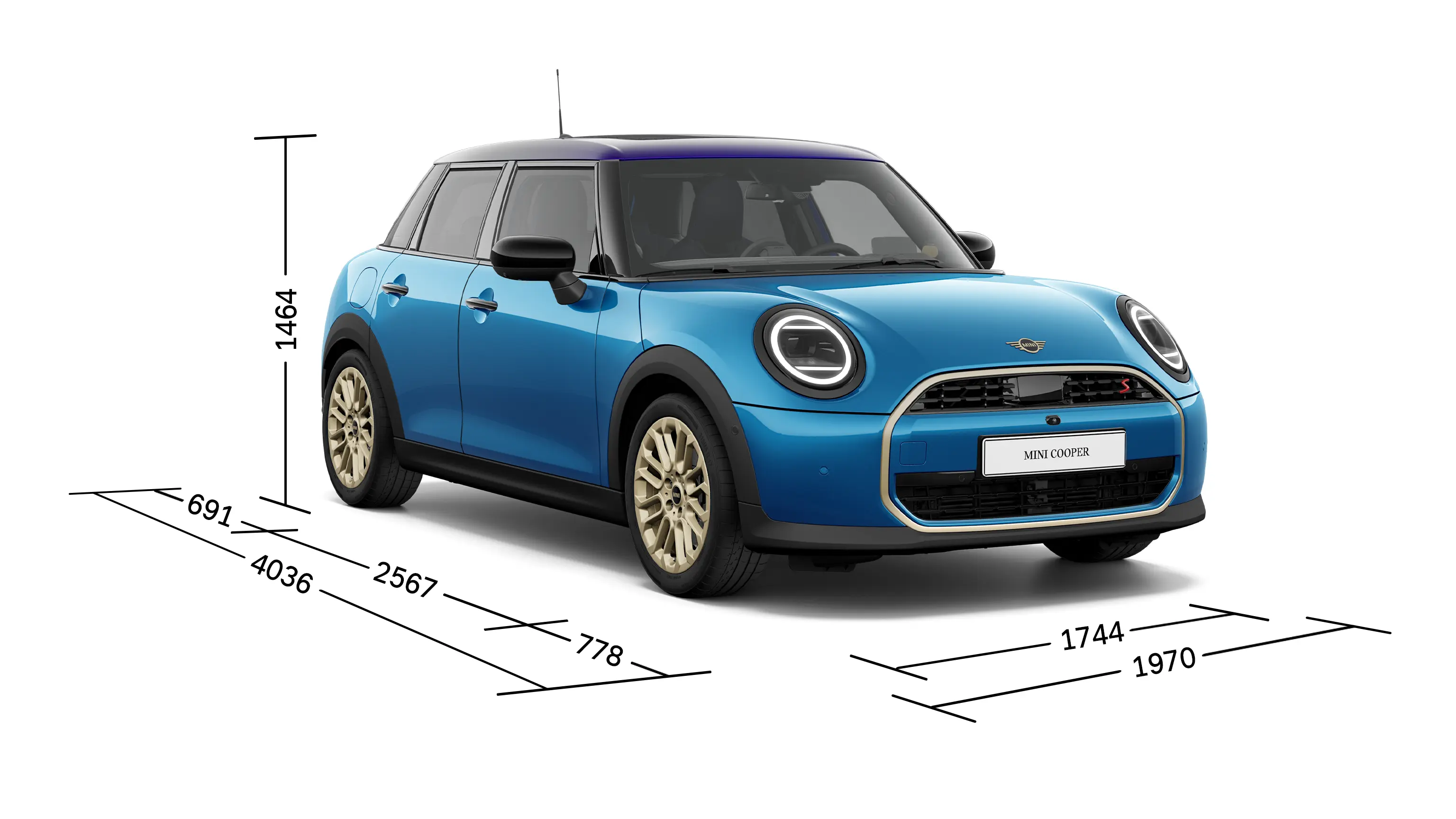 MINI Cooper 5-vratni – pogled od spredaj z dimenzijami