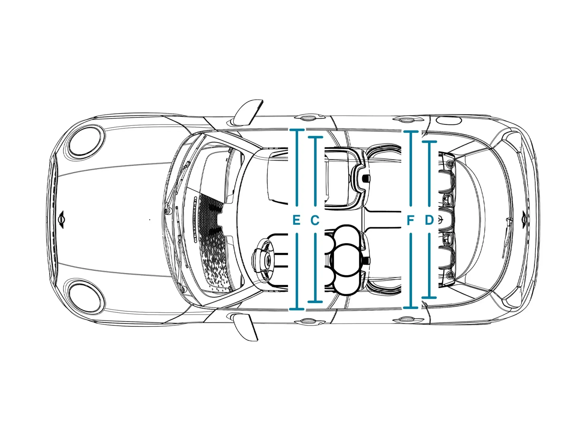 MINI Cooper 5-vratni – dimenzije notranjosti – pogled od zgoraj