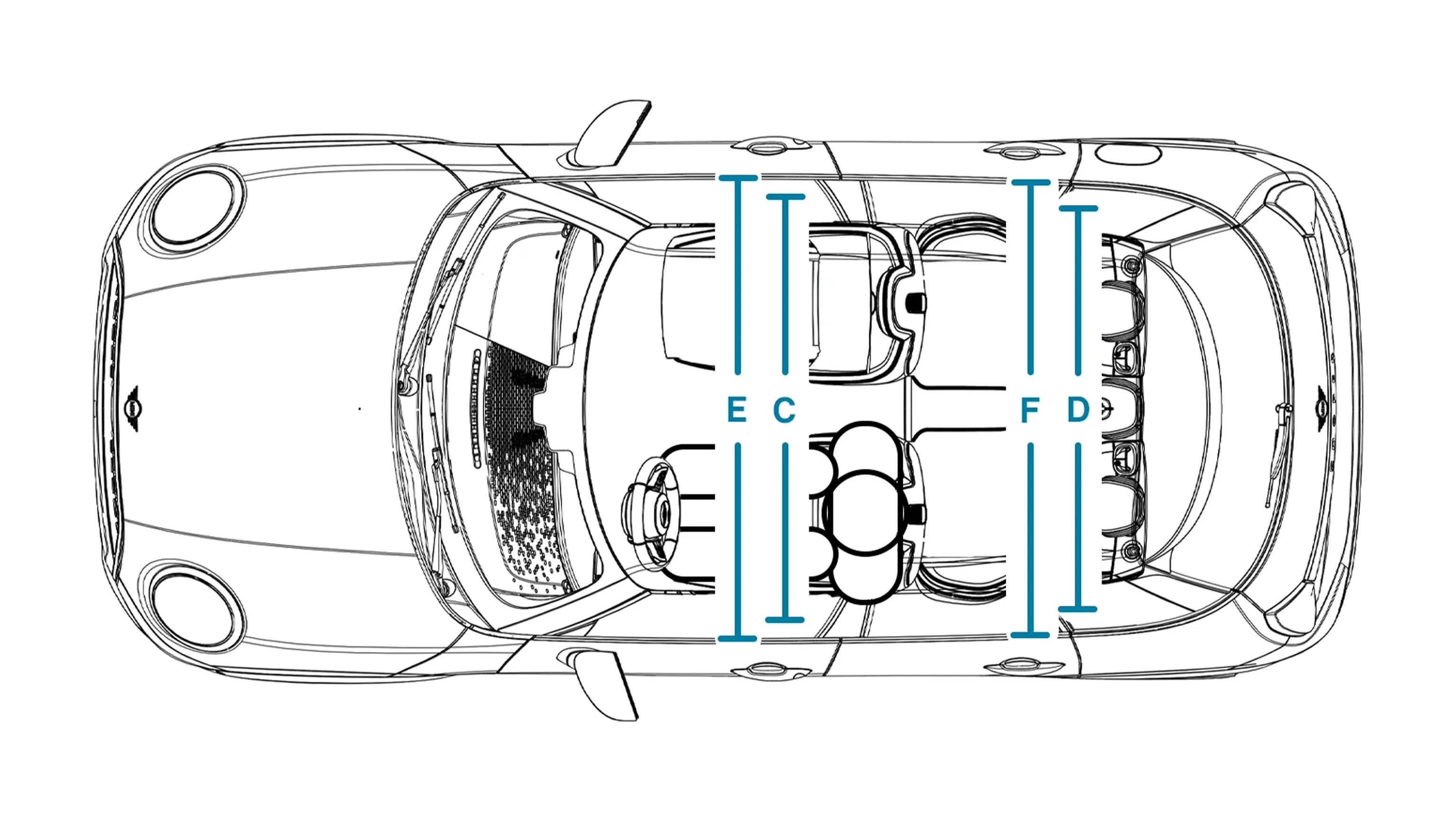 MINI Cooper 5-vratni – dimenzije notranjosti – pogled od zgoraj