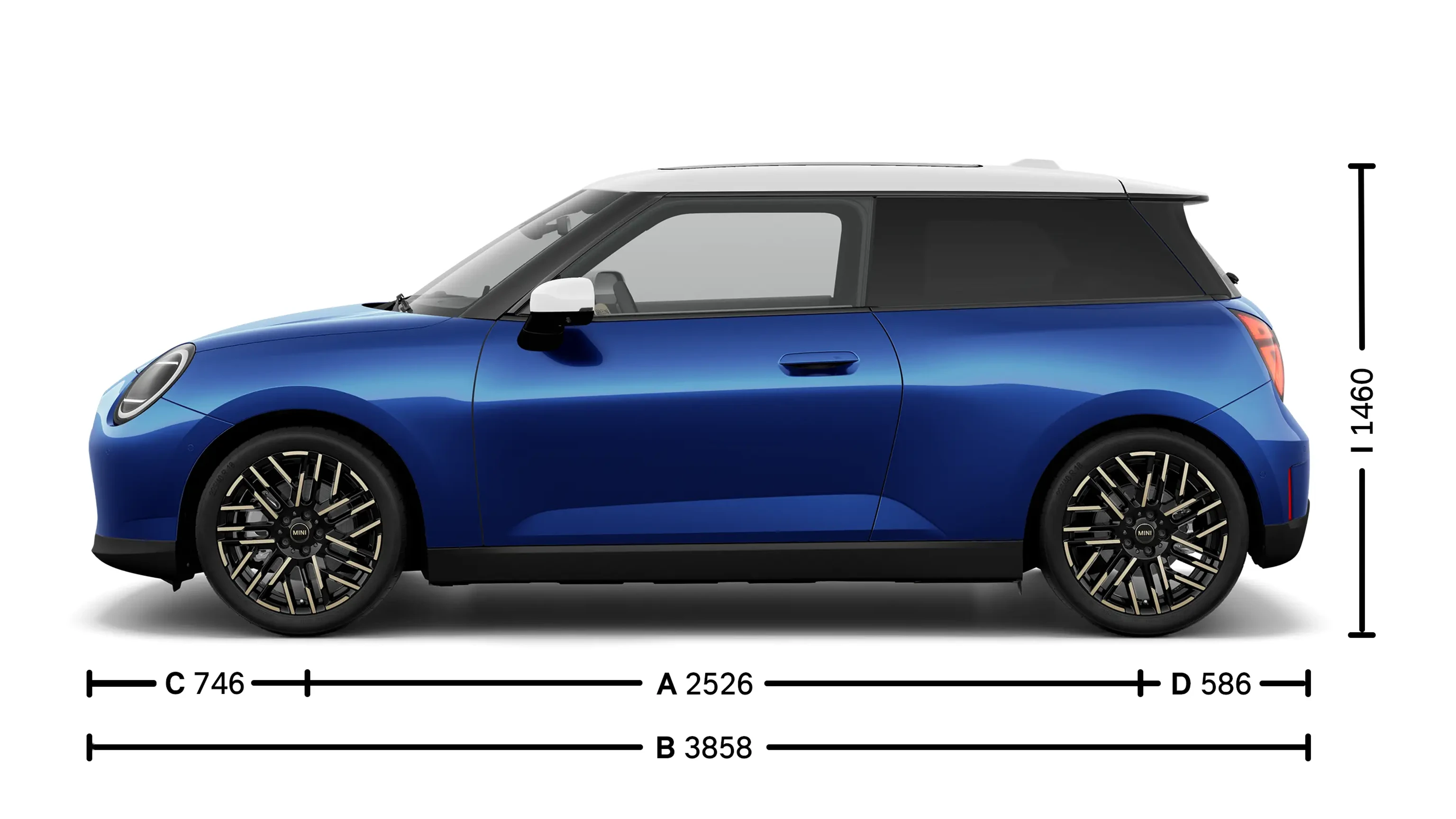 Popolnoma električni MINI Cooper – dimenzije – stranski pogled
