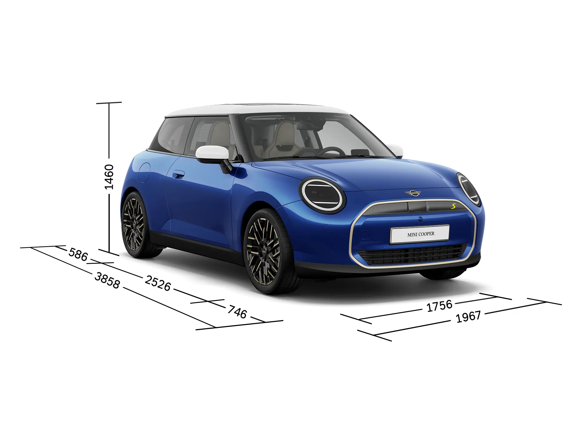 Popolnoma električni MINI Cooper – pogled od spredaj z dimenzijami
