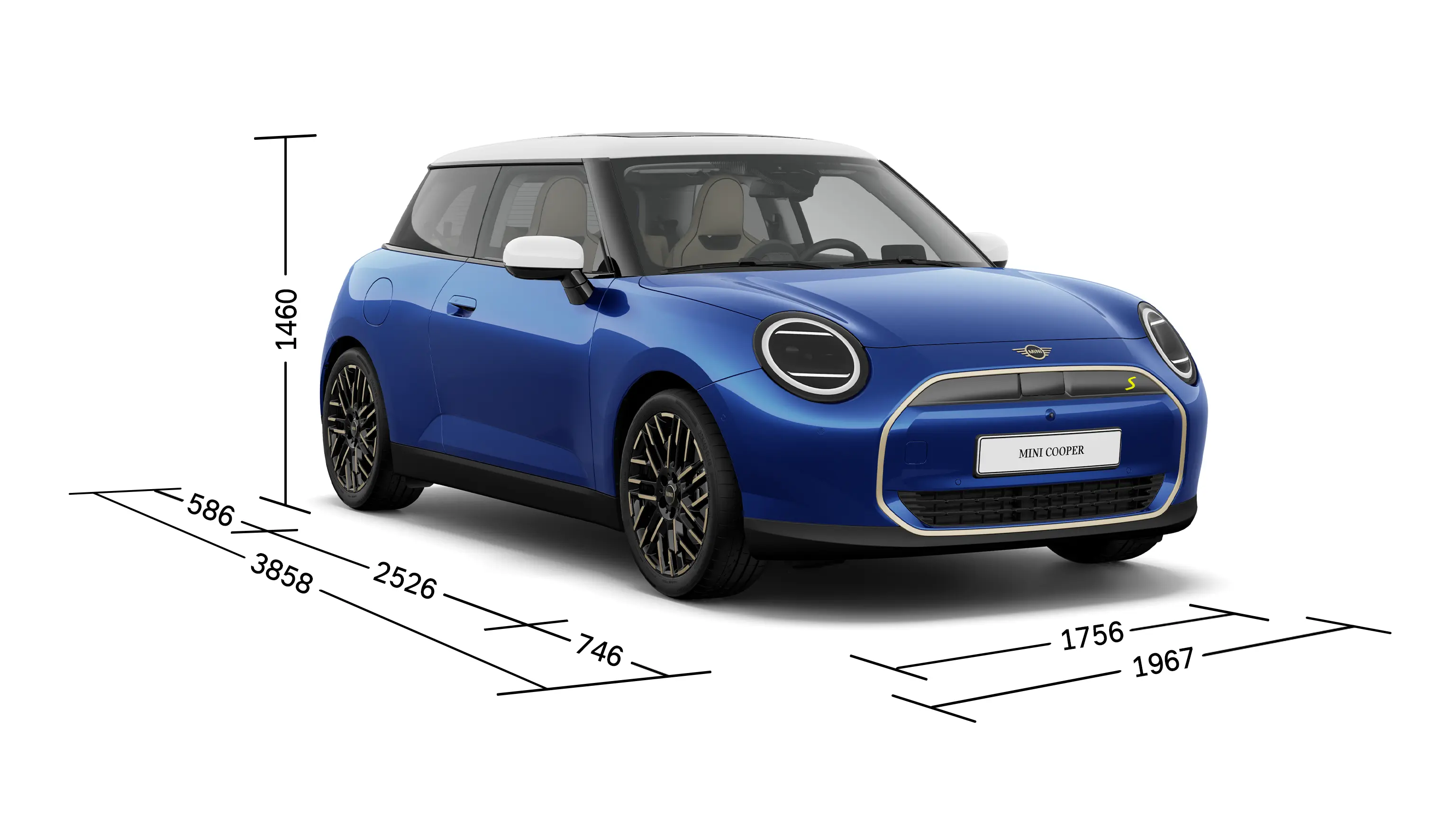 Popolnoma električni MINI Cooper – pogled od spredaj z dimenzijami