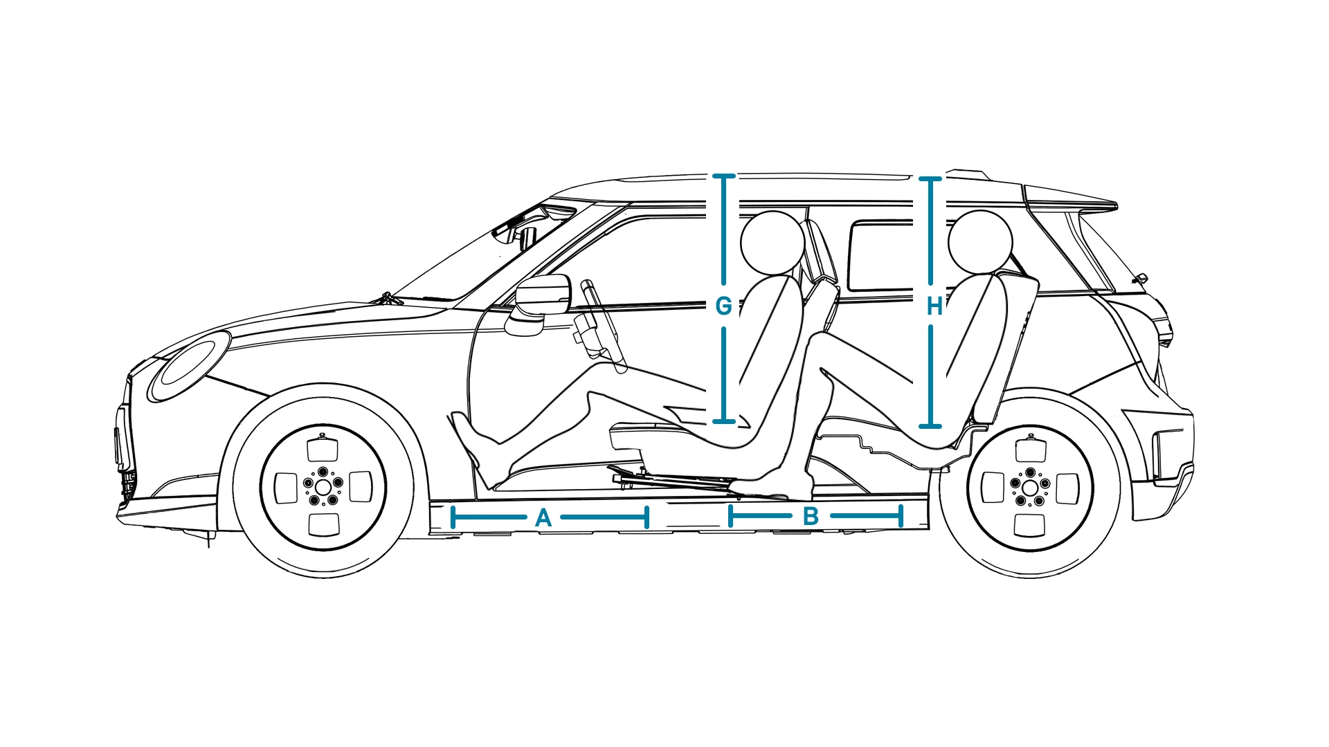Popolnoma električni MINI Cooper – dimenzije notranjosti – stranski pogled