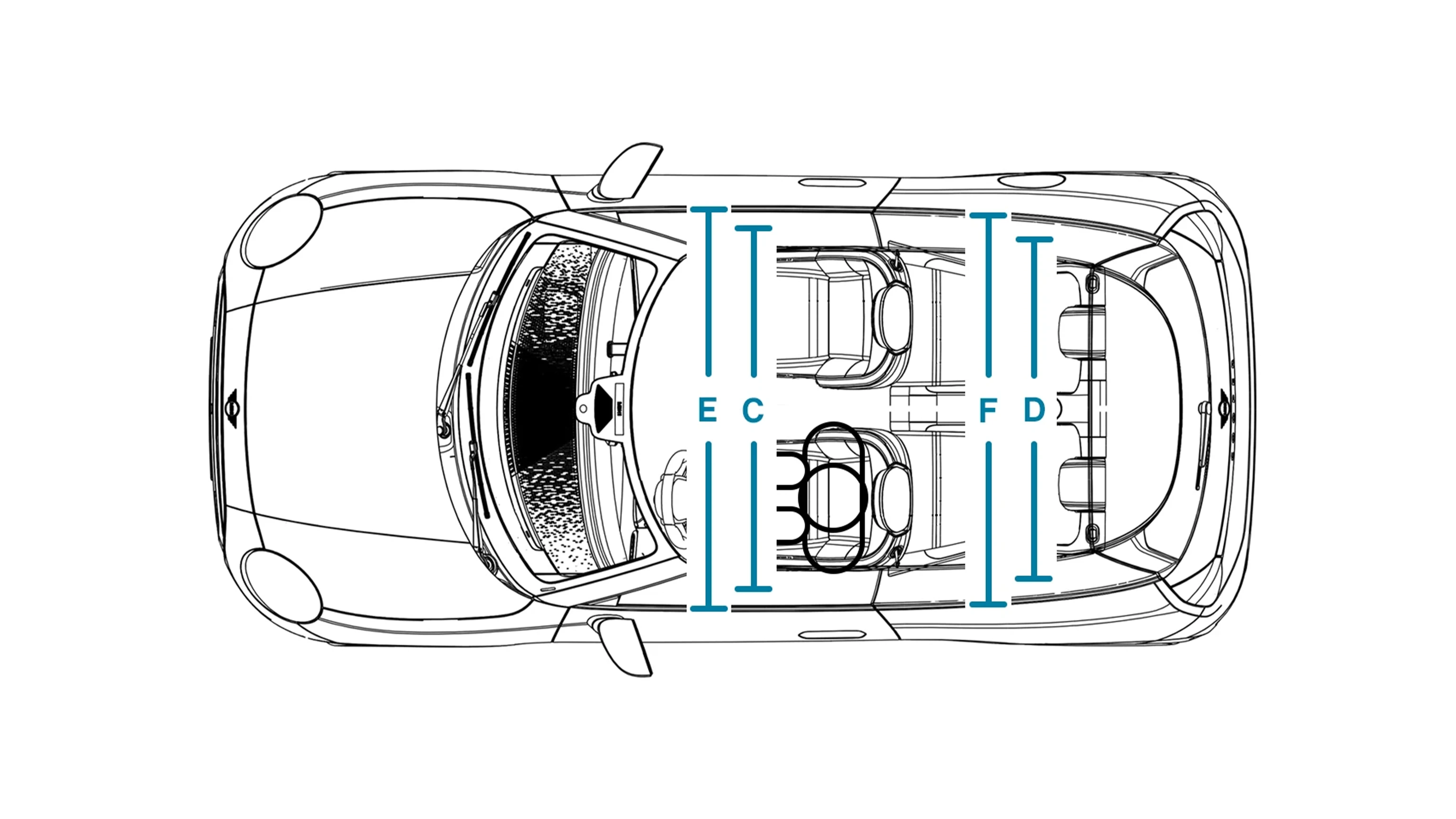 Popolnoma električni MINI Cooper – dimenzije notranjosti – pogled od zgoraj