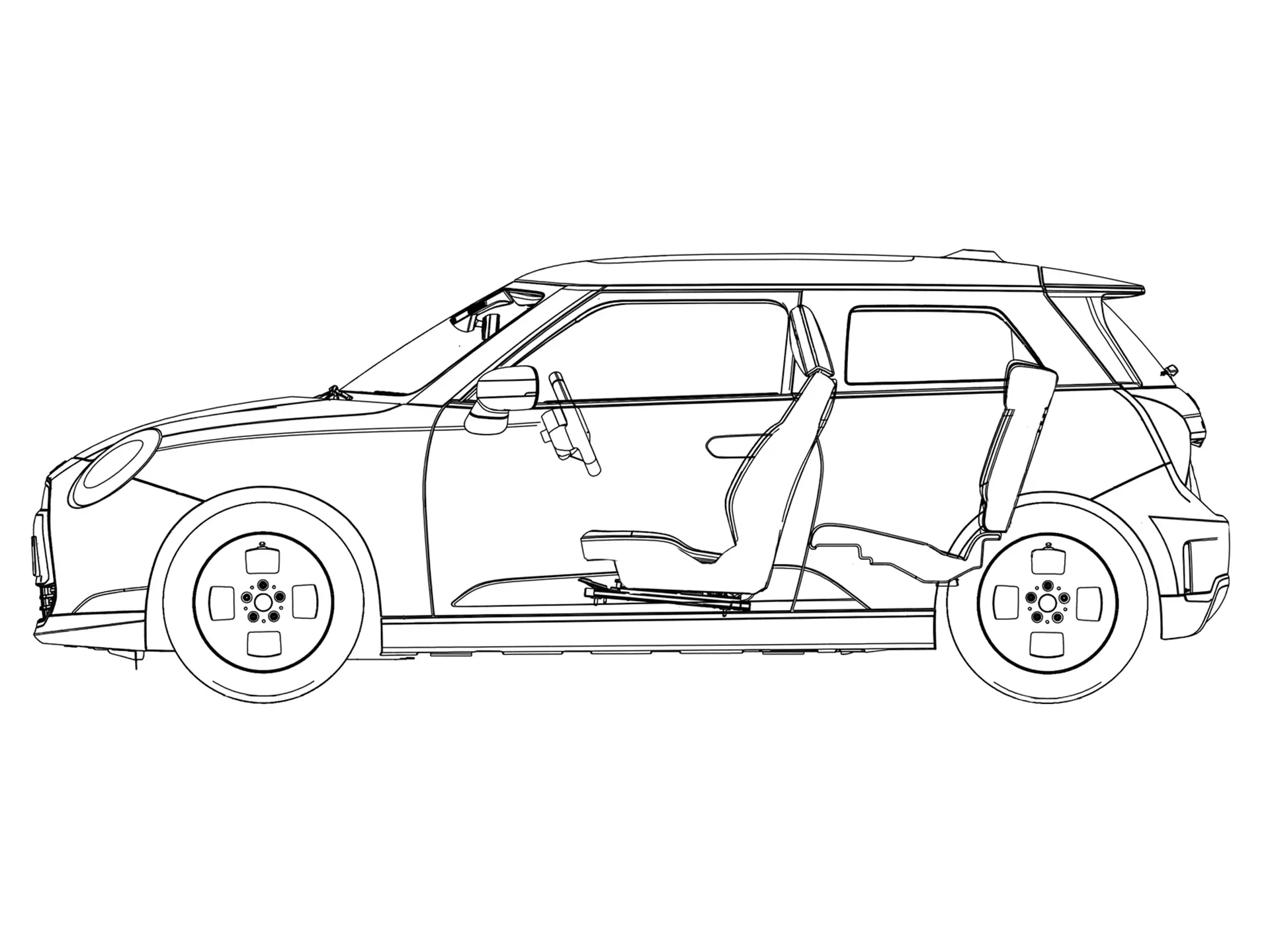 Popolnoma električni MINI Cooper – pogled s strani – skica