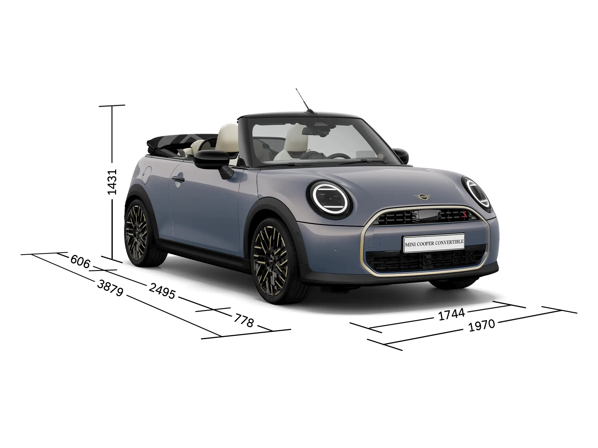 MINI Cooper Cabrio – pogled od spredaj z dimenzijami