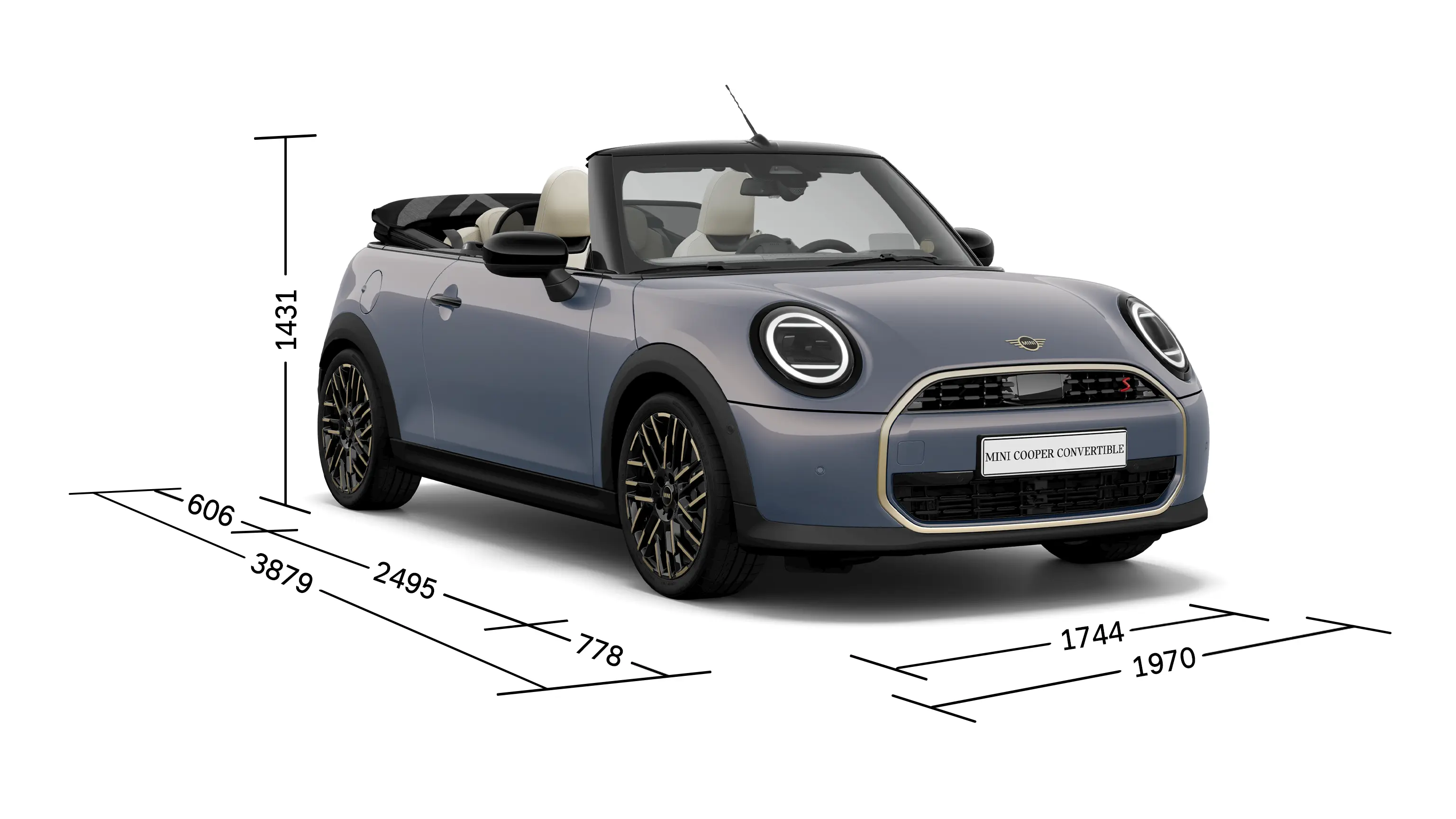 MINI Cooper Cabrio – pogled od spredaj z dimenzijami