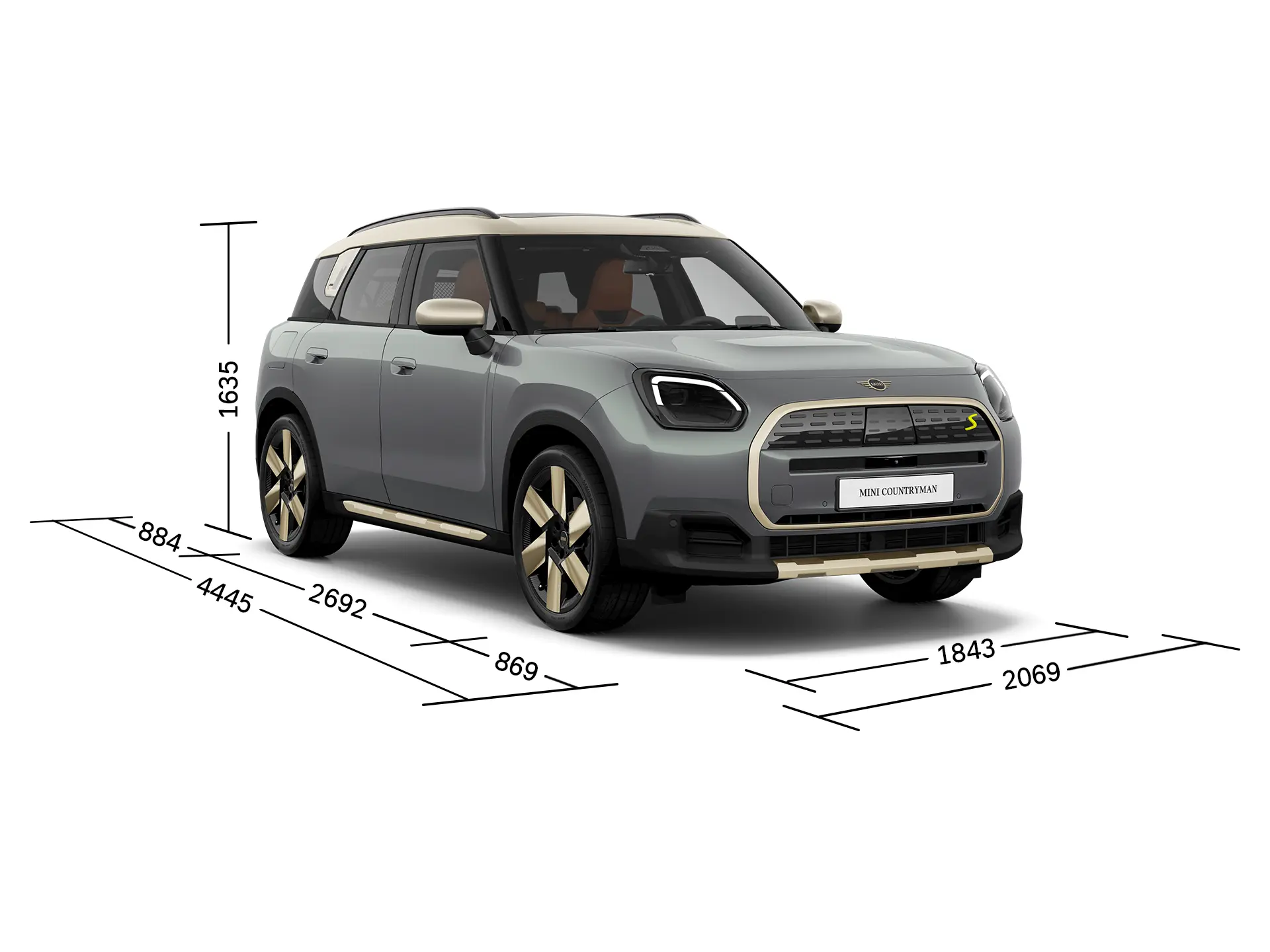 Popolnoma električni MINI Countryman – pogled od spredaj z dimenzijami