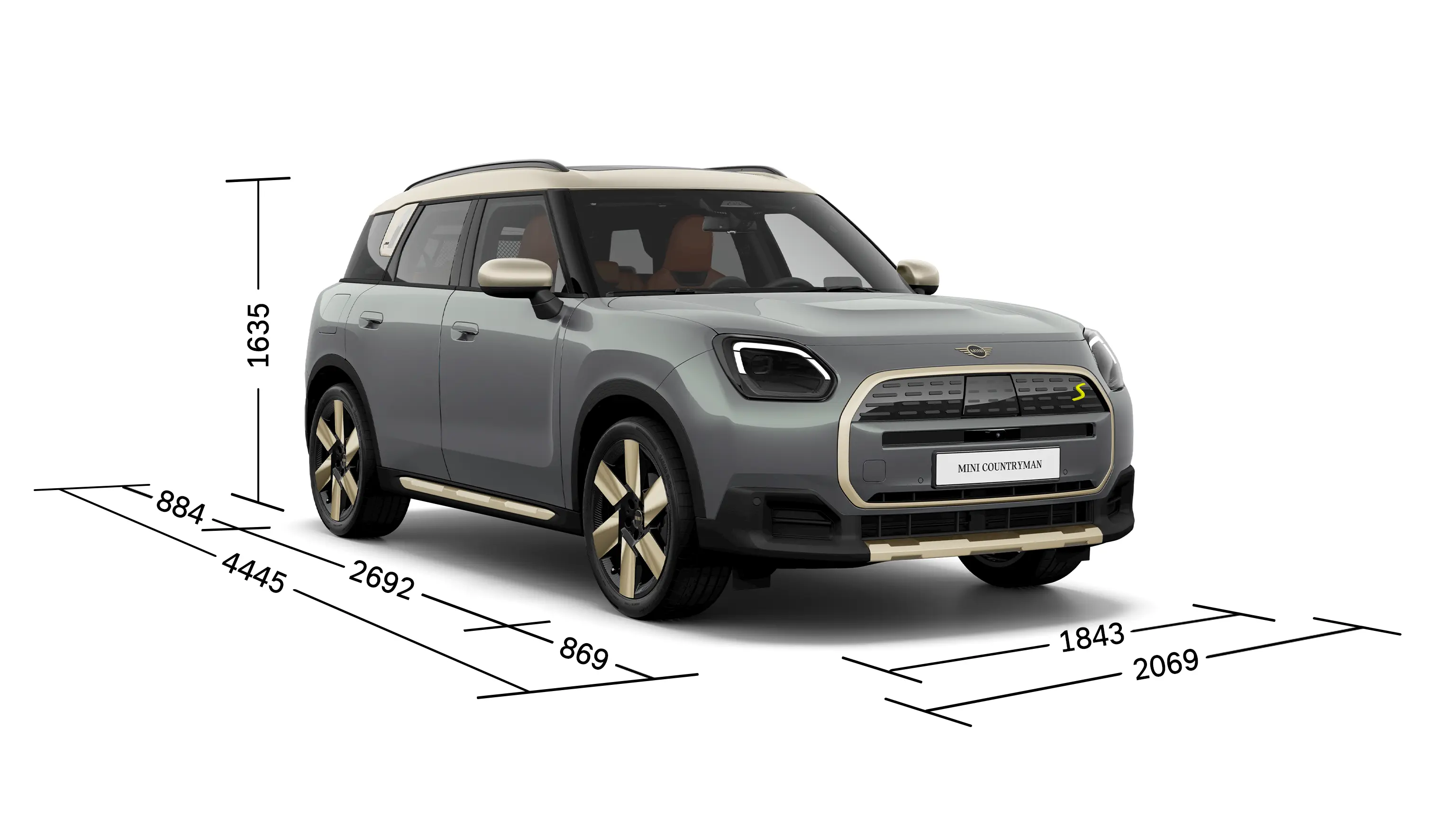 Popolnoma električni MINI Countryman – pogled od spredaj z dimenzijami
