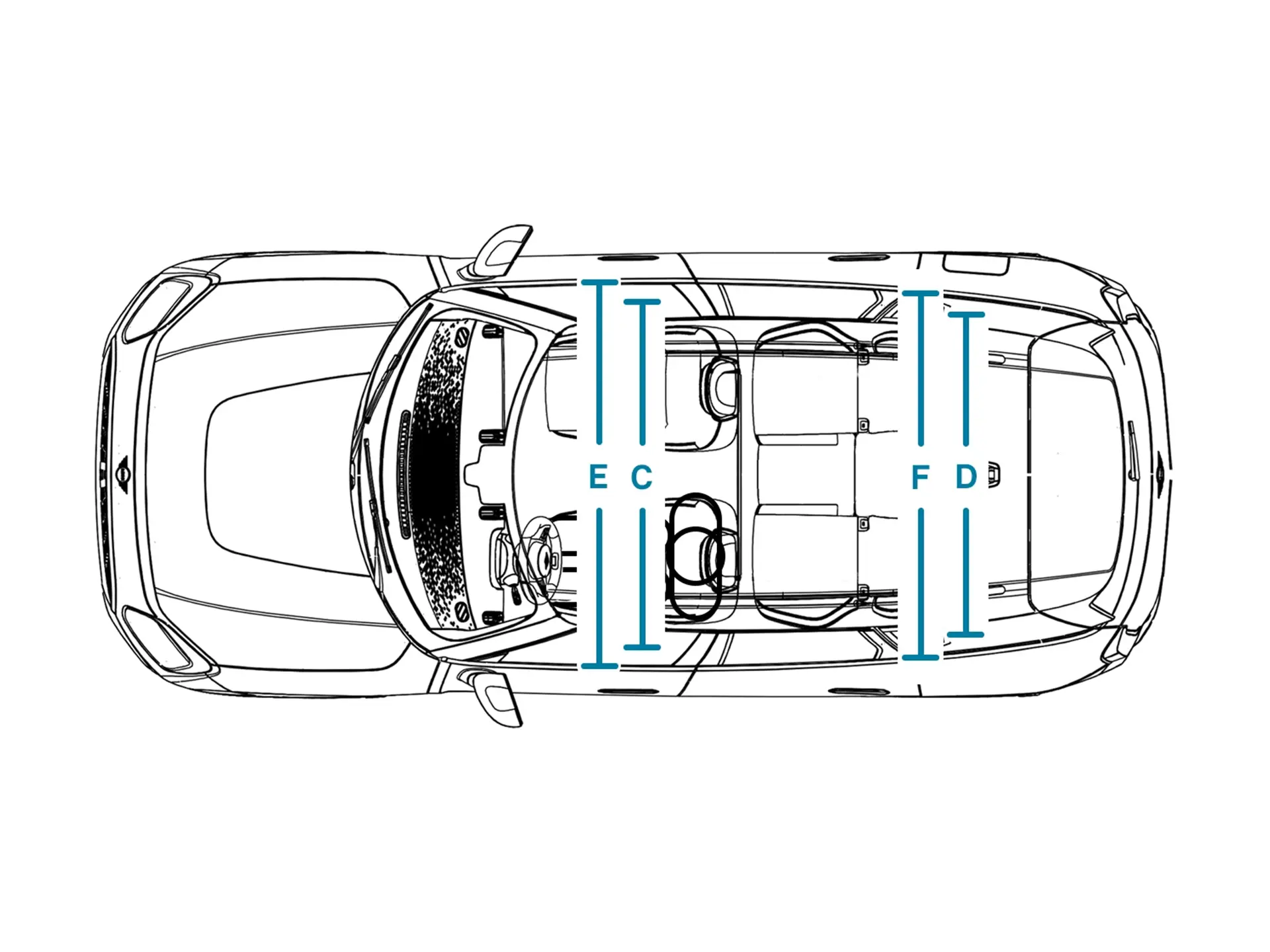 Popolnoma električni MINI Countryman – dimenzije notranjosti – pogled od zgoraj
