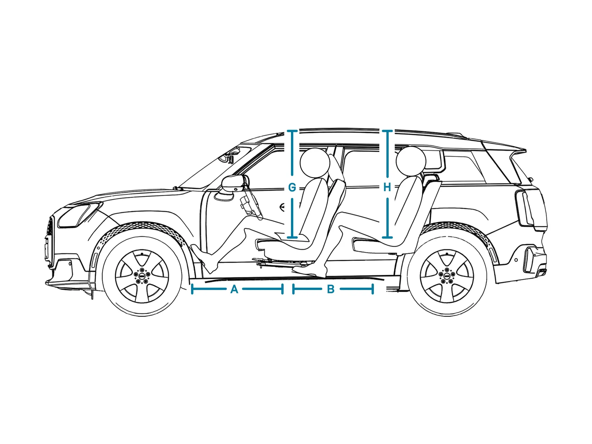 MINI Countryman – dimenzije notranjosti – pogled s strani