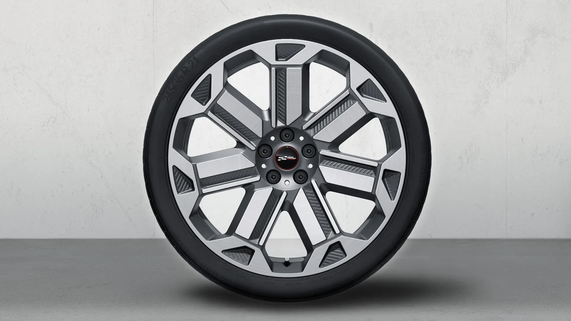 21-palčna JCW aluminijasta platišča Rallye Spoke 950, dvobarvna (Frozen Gunmetal Grey, svetleče polirana), set letnih kompletov koles. 