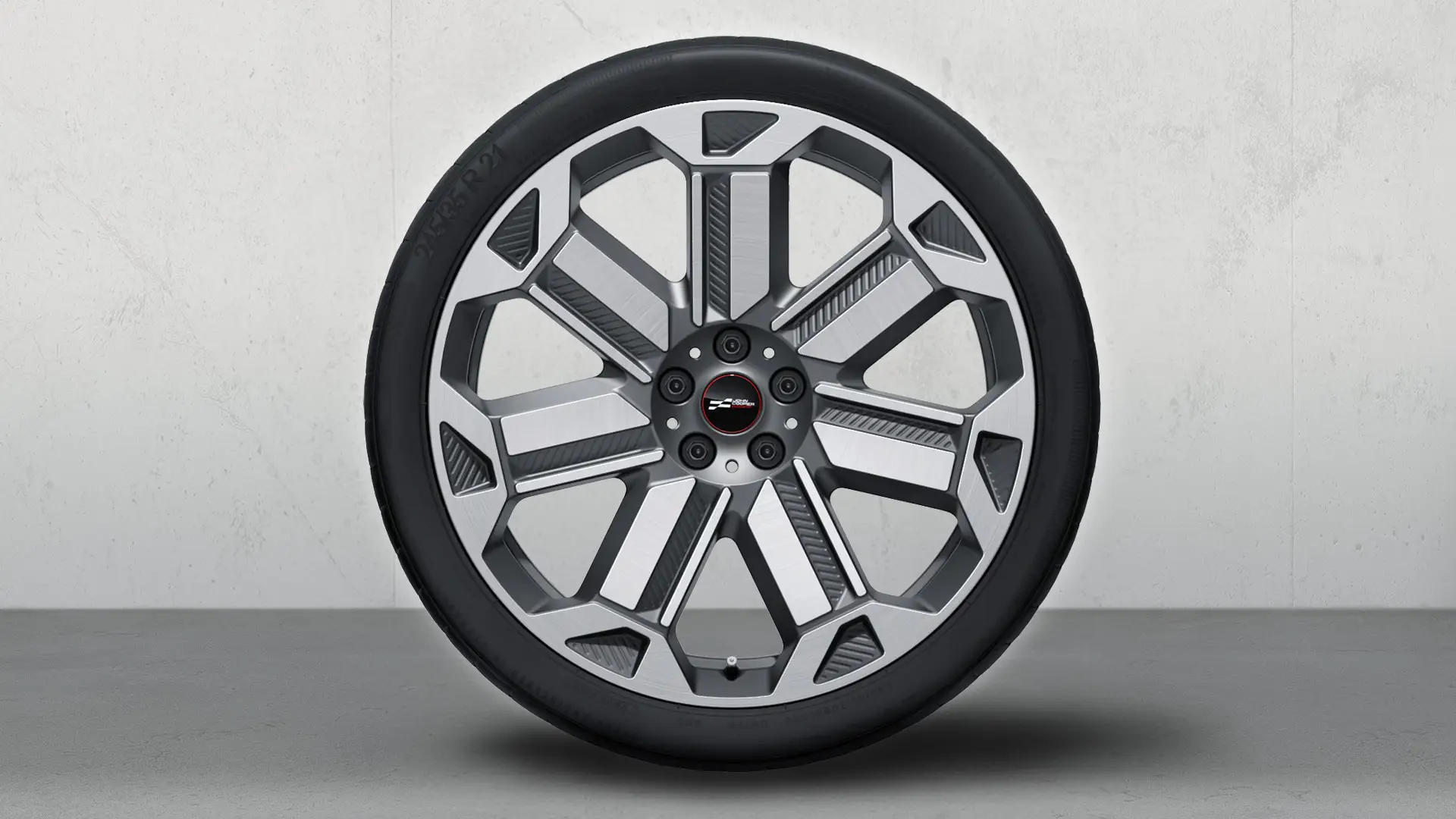 21-palčno JCW lito platišče Rallye Spoke 950, dvobarvno (Frozen Gunmetal Grey, svetleče polirano), set letnih kompletov koles.