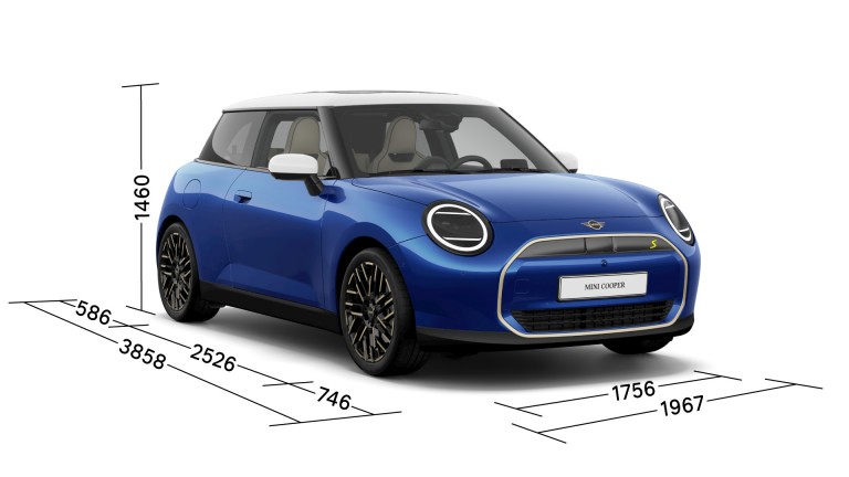 Popolnoma električni MINI – tričetrtinski pogled – dimenzije